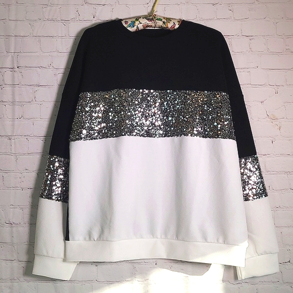 Emery Rose Black White Sequin Loose Fit Sweater Style Top Shirt Womens Size XXL
